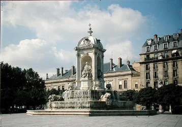 Uitzicht op de Fontaine des Quatre-Evêques, Place Saint-Sulpice, gebouwd in 1844